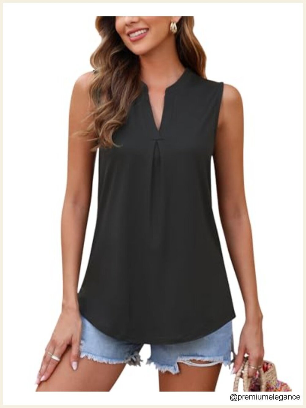 Women's V-Neck Sleeveless Pleated Tank Top Summer Casual